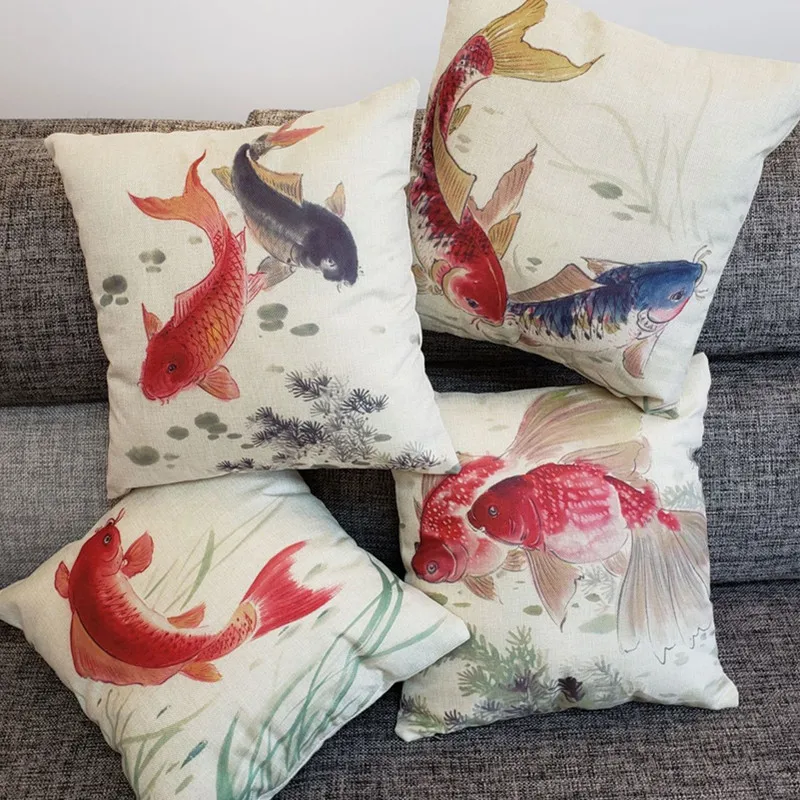 Новый стиль 45*45 см Модная японская Подушка Koi хлопковая и льняная для