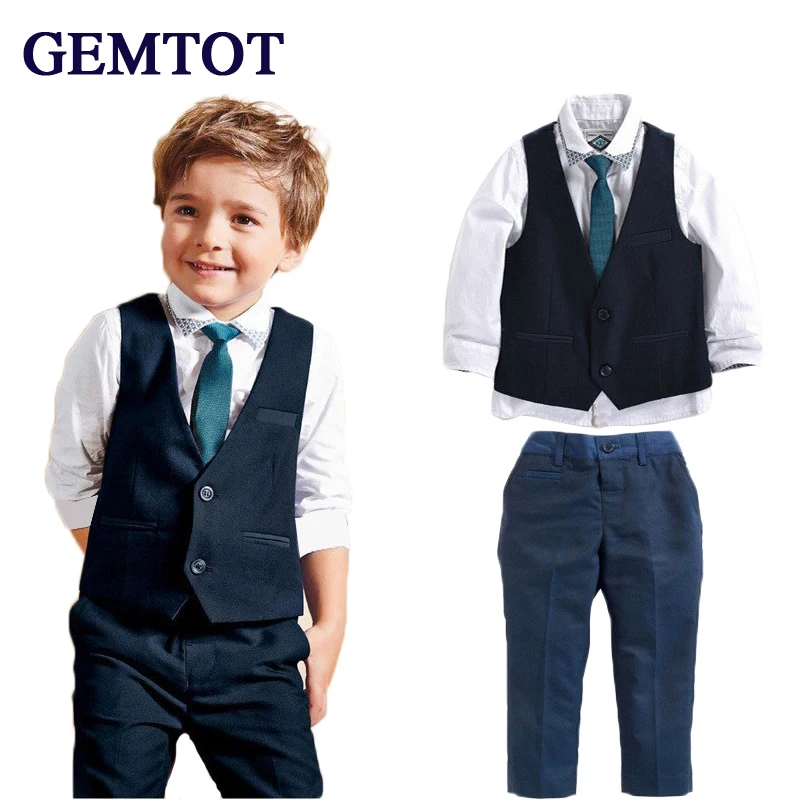 GEMTOT Baby Boys Clothes Suit 2017 Summer Autumn Style Children Tie Cotton T-shirt+ Vest + Pants School Kids Sets k1 |