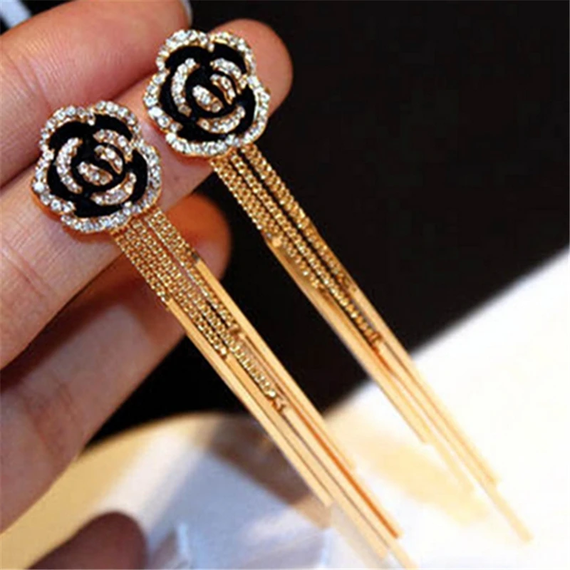 Женские винтажные длинные серьги камелии висячие с кристаллами известного