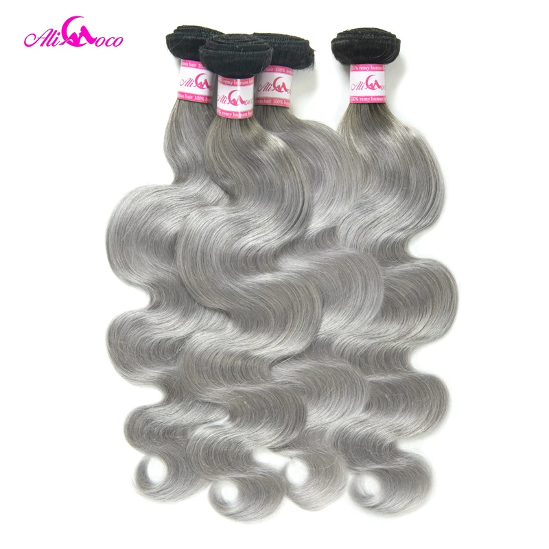 Али Коко бразильские волнистые пучки с закрытием 1B/серый Remy волосы 3 пучка