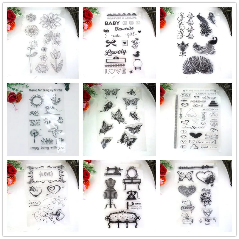 9pcs Random Silicone Flower/Butterfly/Heart Clear Stamps For Craft Supplies Scrapbooking DIY Stempel Klare Card Christmas Decor |