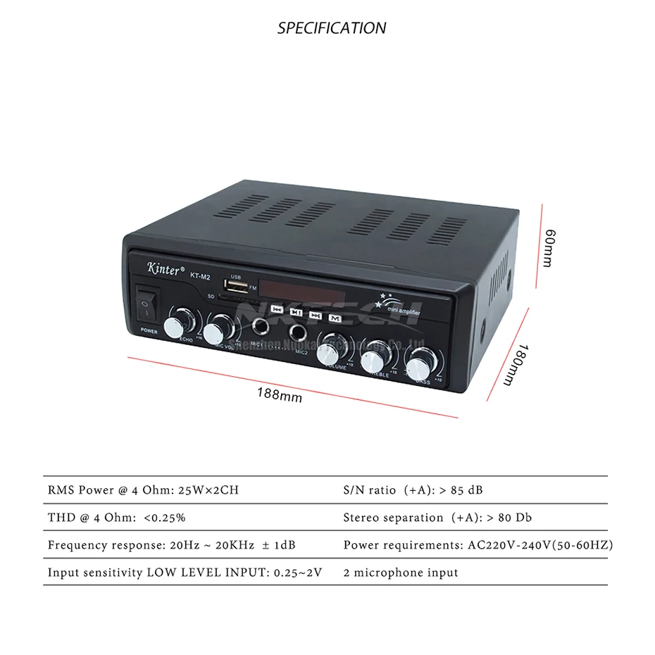 Усилитель мощности Kinter KT-M2 цифровой аудио видео плеер 2x25 Вт Hi-Fi стерео 2x микрофон бас USB SD MP3 FM DC12V 220-240 в караоке MP4