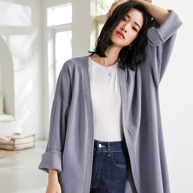 Light blue Новинка, женский весенний кардиган, куртка, Женский Однотонный свитер с длинным рукавом, шаль, свободный свитер с v-образным вырезом - Цвет: Light blue