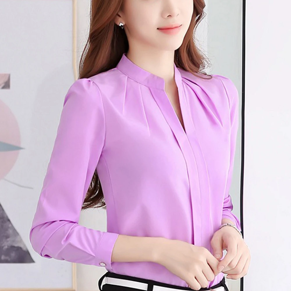 Purple Женские офисные шифоновые рубашки со стоячим воротником, Повседневная Свободная блузка с длинными рукавами, женские топы, небольшой свежий воротник, свободный длинный рукав, маленький - Цвет: Purple