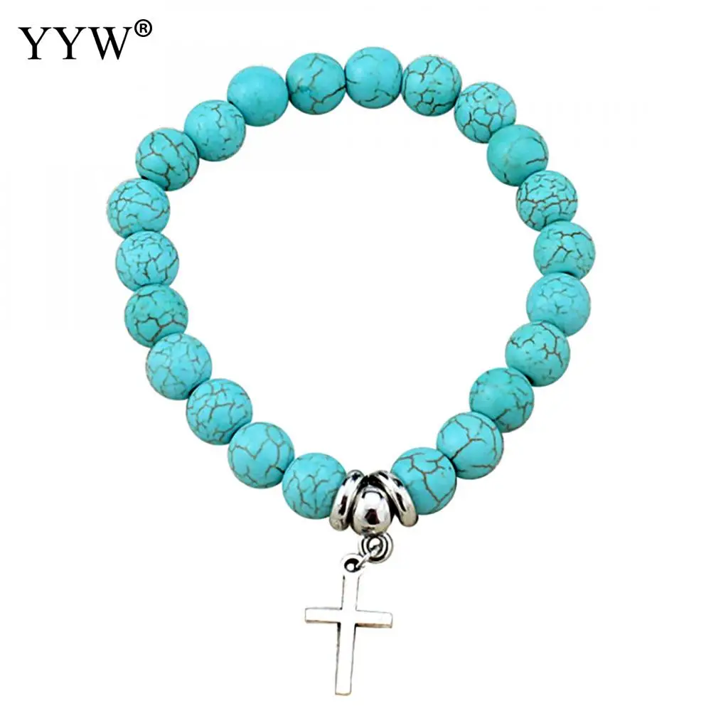 Boho Vintage Turquoises Bracelets for Women Men Cross Tree Fish Hand Pendant Charm &amp Bangles Fashion Jewelry | Украшения и
