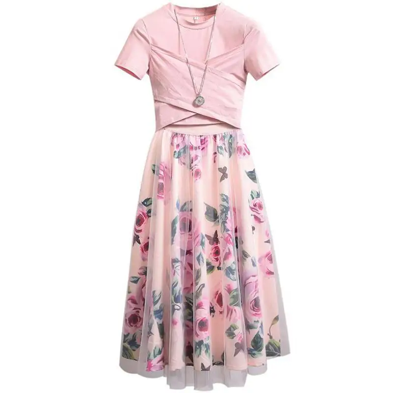 Женские летние новые необычные розовые футболки сетчатые юбки костюмы с бантом