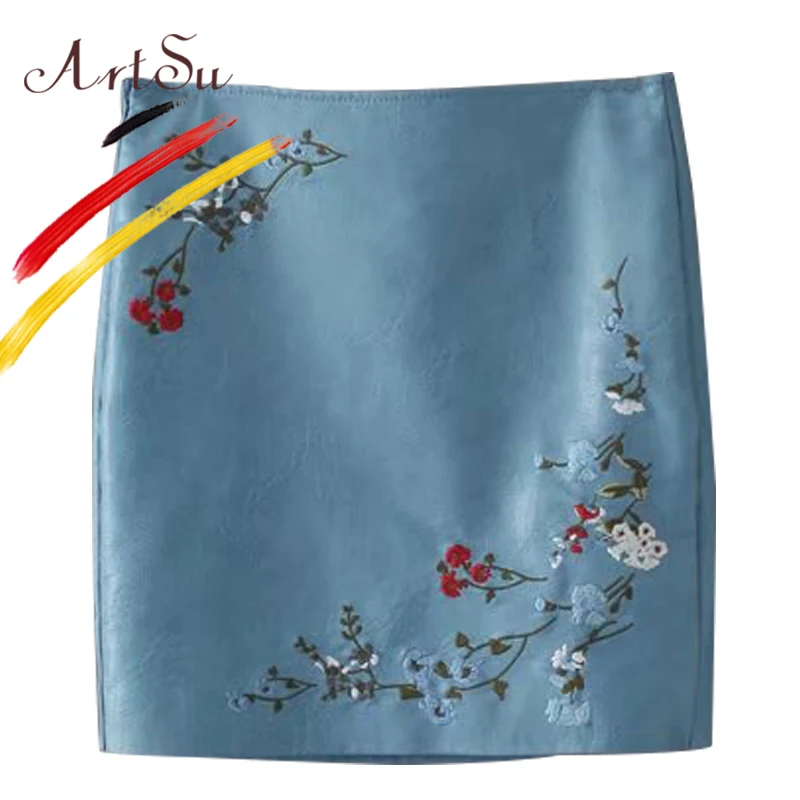 ArtSu винтажная Цветочная вышивка из искусственной кожи юбка-карандаш для женщин