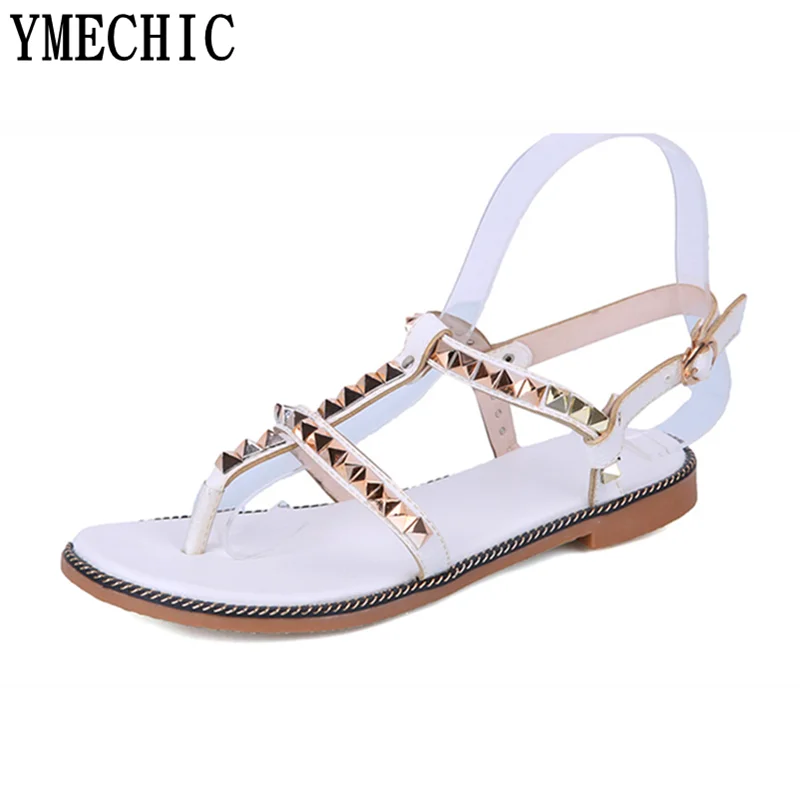 YMECHIC/2017 женские сандалии гладиаторы на плоской подошве с заклепками в римском