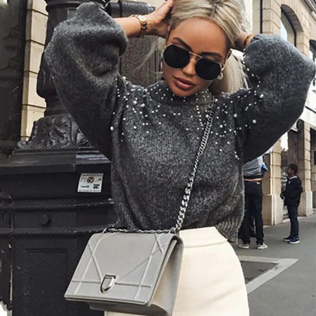 Casual Winter Warm Soft Turtleneck Knitted Sweaters Women Lantern Sleeve Pearl Beading Jumper Sweater Female Loose Gray Pullover | Женская