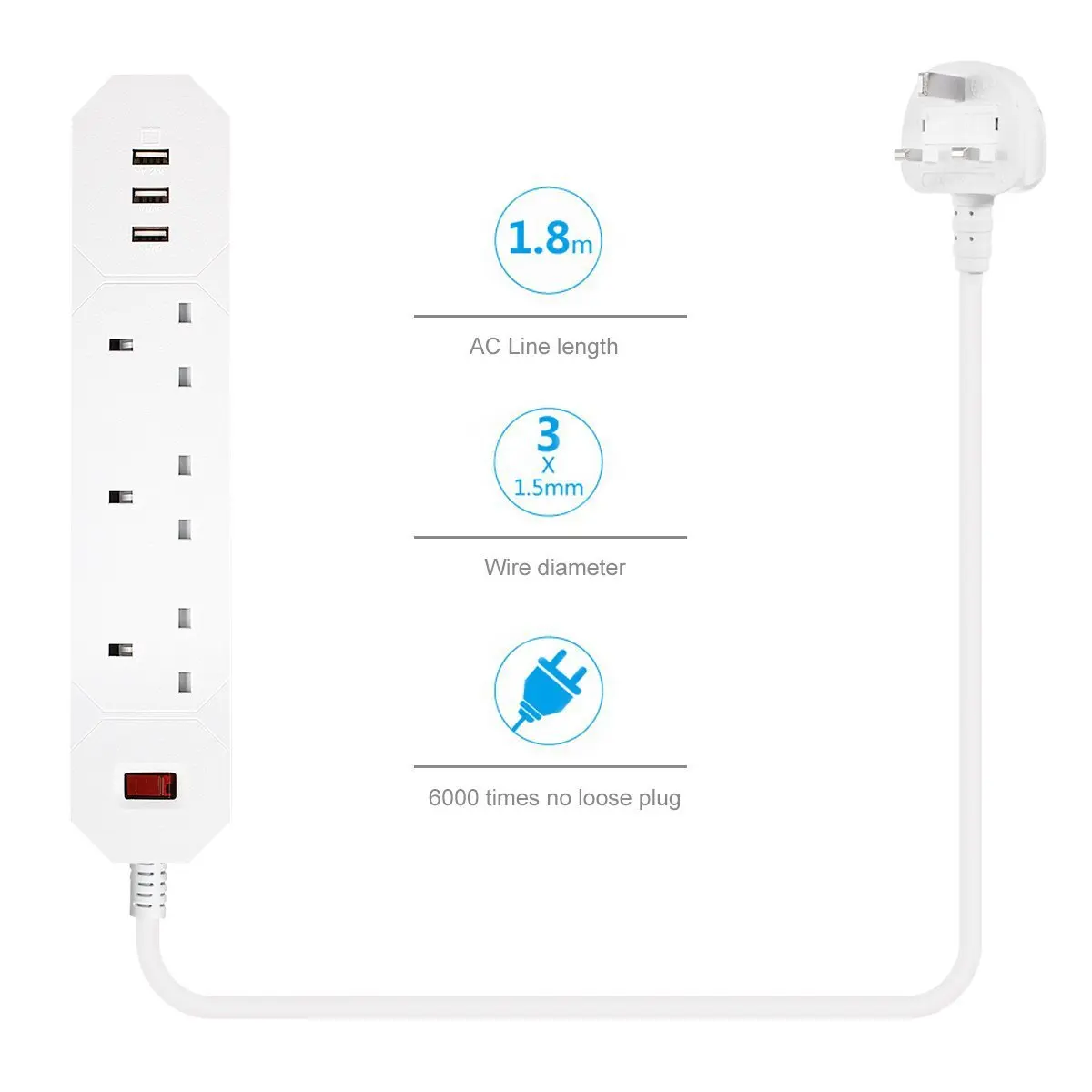 Сетевой фильтр-удлинитель 3 AC UK розетки с USB быстрой зарядкой Ports13A/3250 W 1,8 m