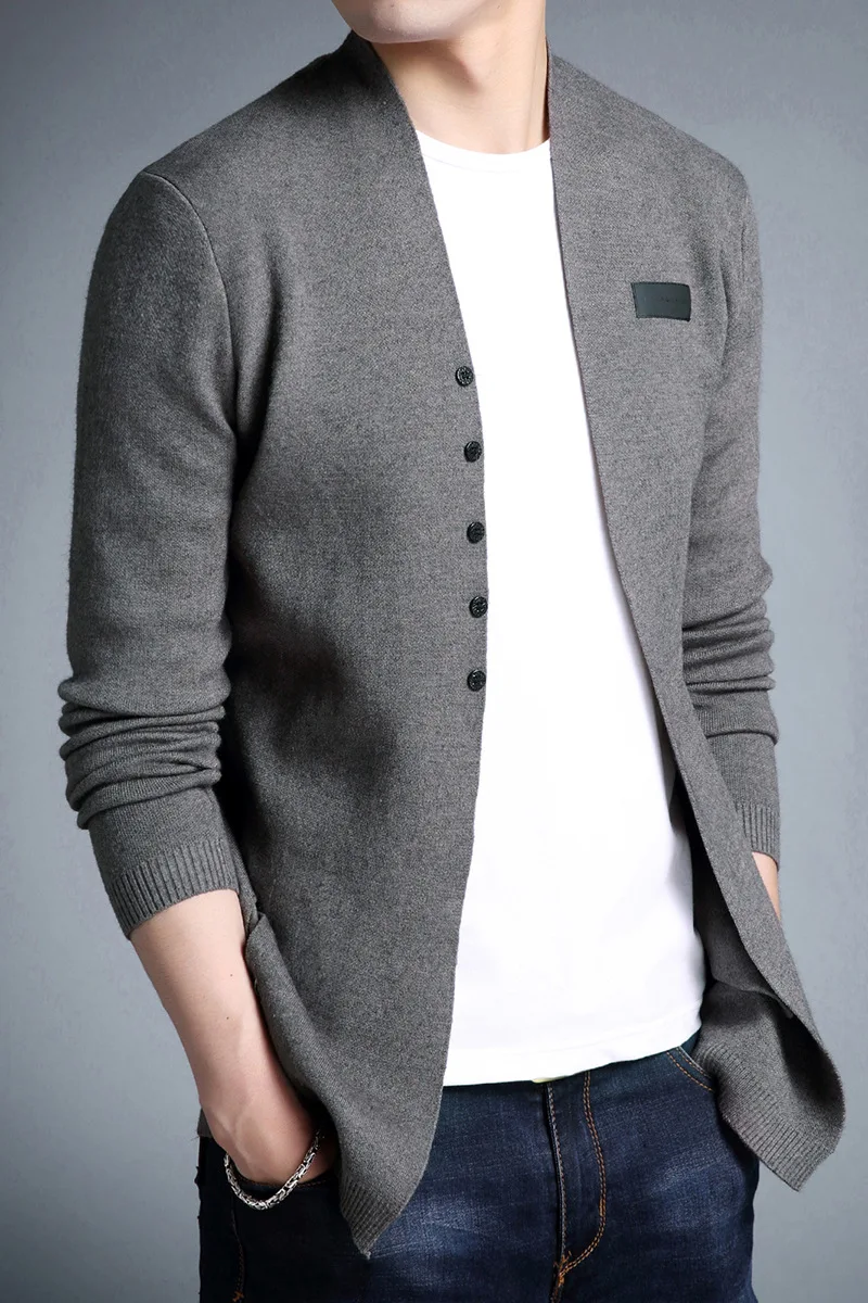 AYUNUSE New 2020 Autumn Knitted Cardigan Sweater Men V Neck Single Button Cardigans Male Gray Black Slim Fit Jacket Outwear | Мужская
