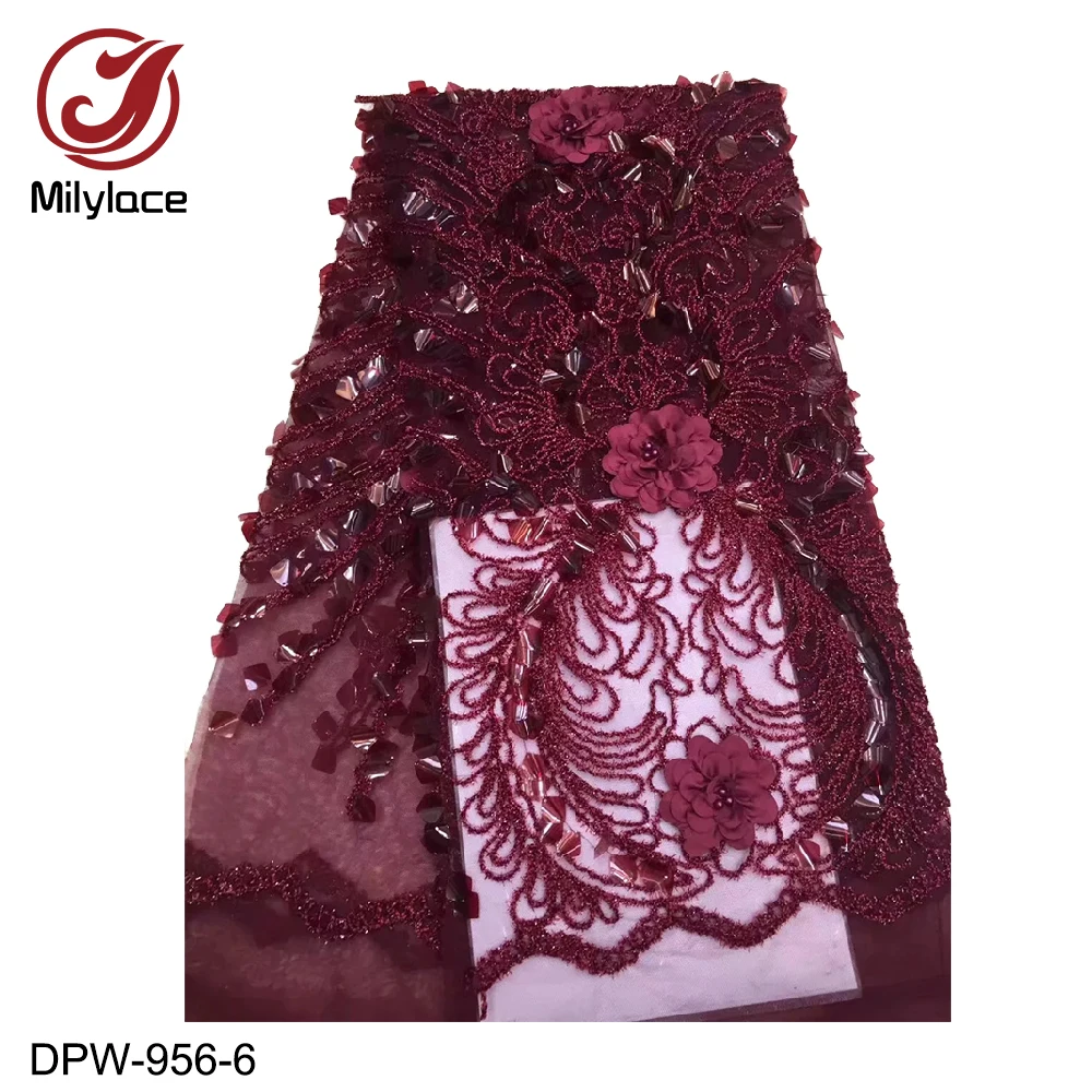 

Milylace 3D flower French lace fabric romantic design embroidery tulle lace fabric with sequins 5 yard for wedding party DPW-956
