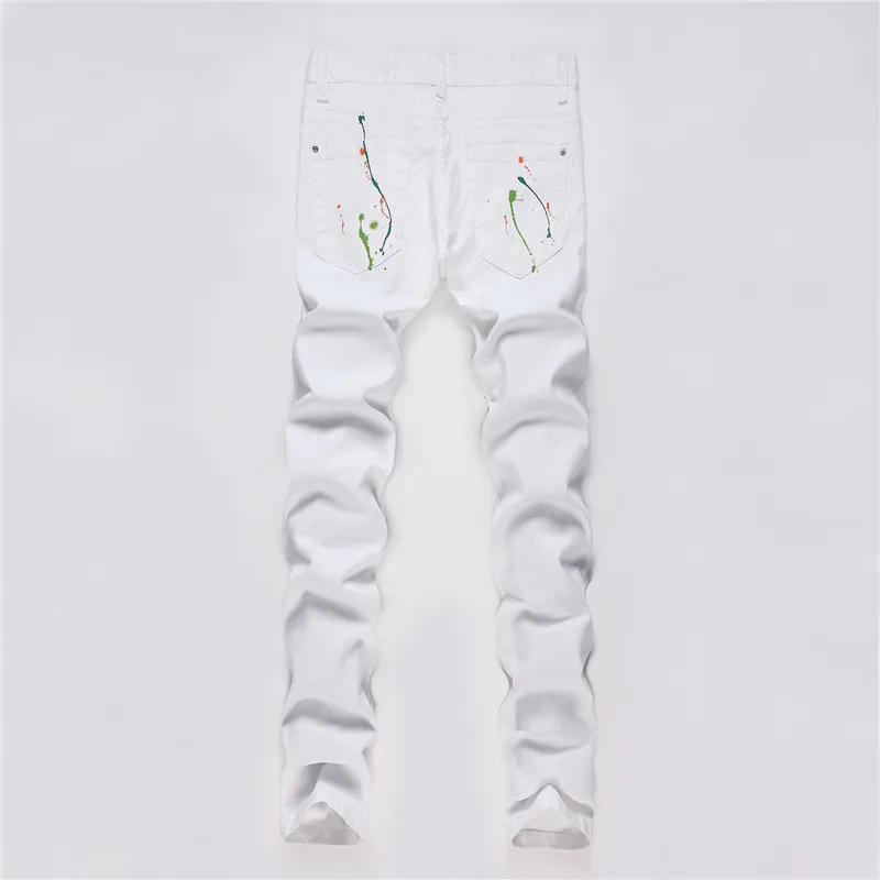 2018 Мужская печатных белые джинсы тонкие узкие джинсовые брюки Середина мода