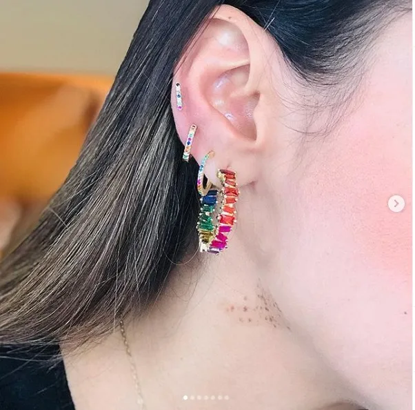 Позолоченные Модные женские ювелирные изделия, багет, cz, полный камень, обруч, Радужный кубический цирконий, роскошные трендовые серьги-обручи