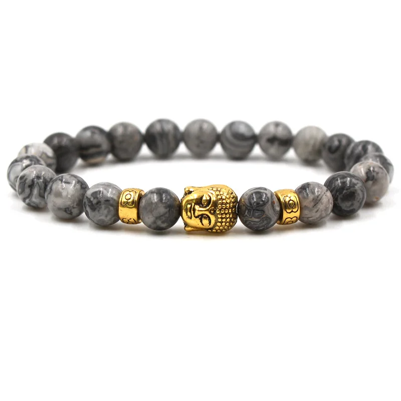 

HOBBORN Classic Natural Stone Men Bracelet Handmade Tiger Eye Lava Stone Buddha Head Charm Women Bracelets Meditation Jewelry