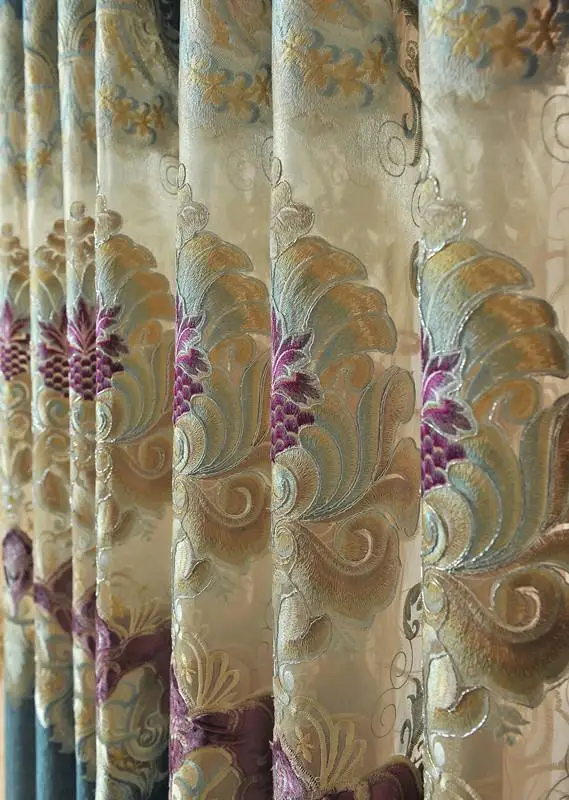 Синяя Бирюзовая плотная светонепроницаемая штора с вышивкой Классические