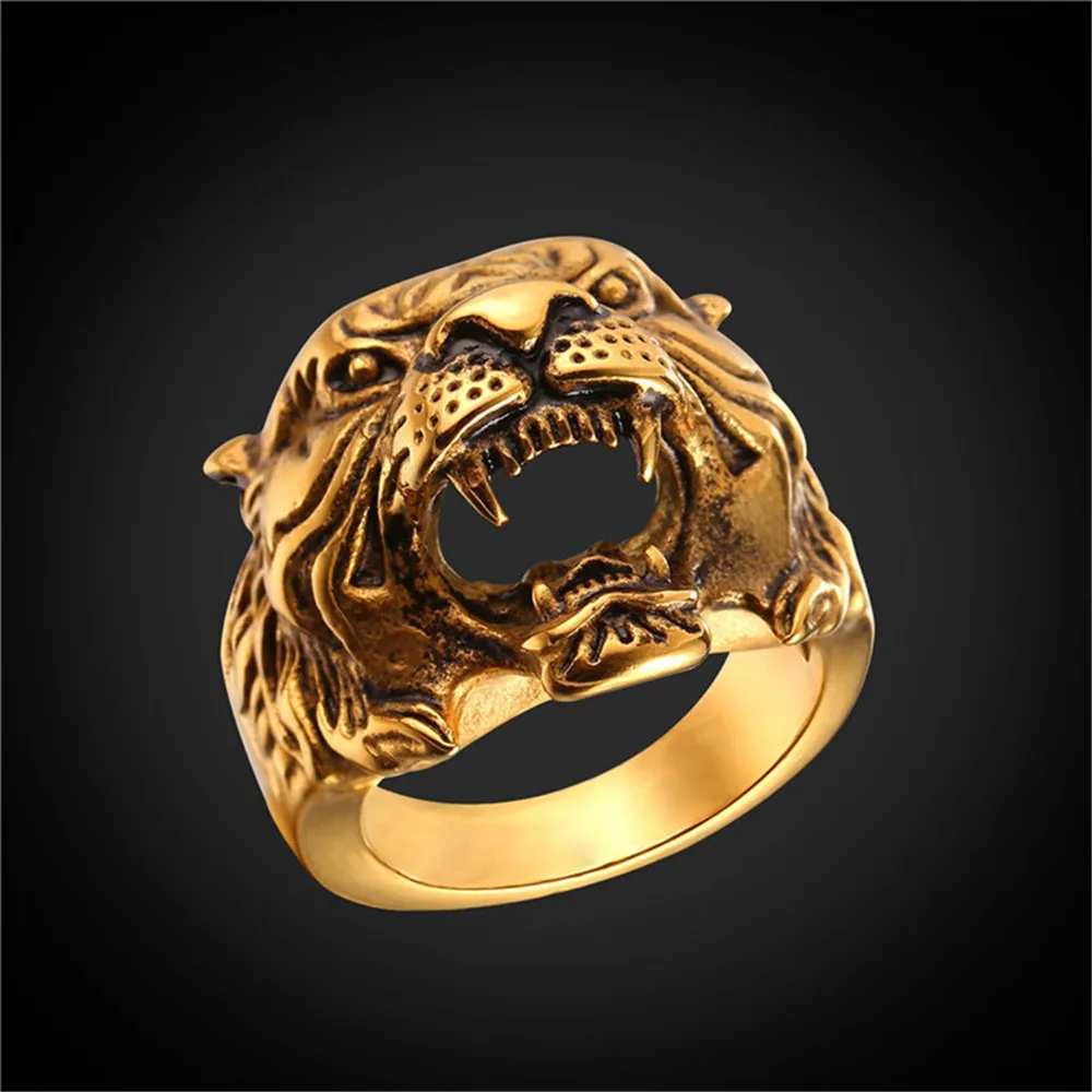 gold plated 316L античное мужское кольцо с тигром из нержавеющей стали, уникальный дизайн, Золотое мужское кольцо, ювелирные изделия с животными R2466G - Цвет основного камня: gold plated