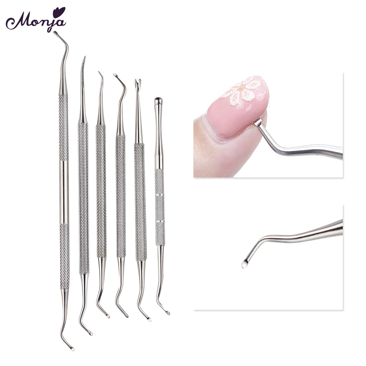 Monja Dual End Nail Art Stainless Steel Cuticle Pusher Groove Pick Corrector Toe Dead Skin Foot Cleaning Care Pedicure Tool