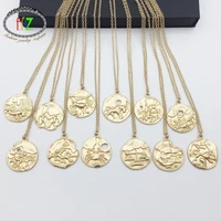 f j4z hot horoscope necklace fashion matted gold color 12 constellation coin pendants long necklaces jewelry for men women