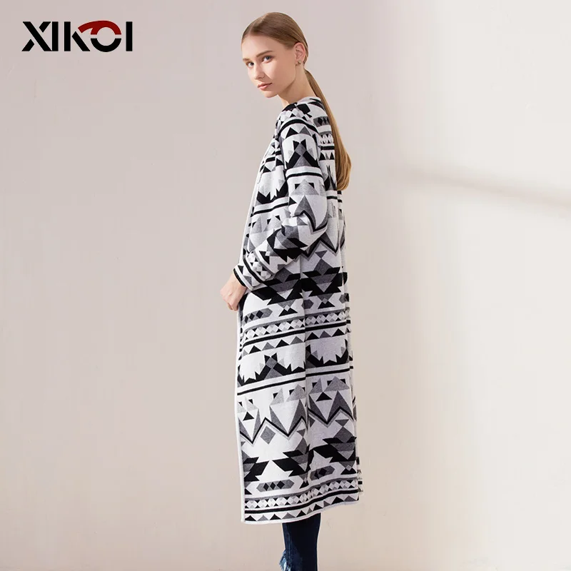 XIKOI женские длинные кардиганы с v-образным вырезом вязаный геометрический принт