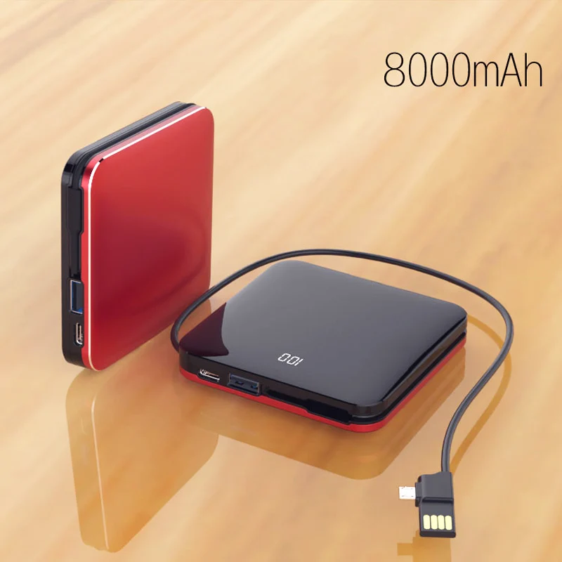 with cable red Супер тонкий внешний аккумулятор 8000 мА/ч, мини-зеркало, экран, быстрая зарядка, портативное зарядное устройство для мобильного телефона, внешний аккумулятор для iPhone, Xiaomi, huawei - Цвет: with cable red