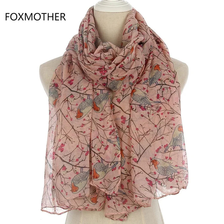 Pink Long FOXMOTHER легкий мягкий модный бежевый серый Небесно-Голубой птица на дерево кольцо шарфы платки Петля Шарфы женские подарки - Цвет: Pink Long