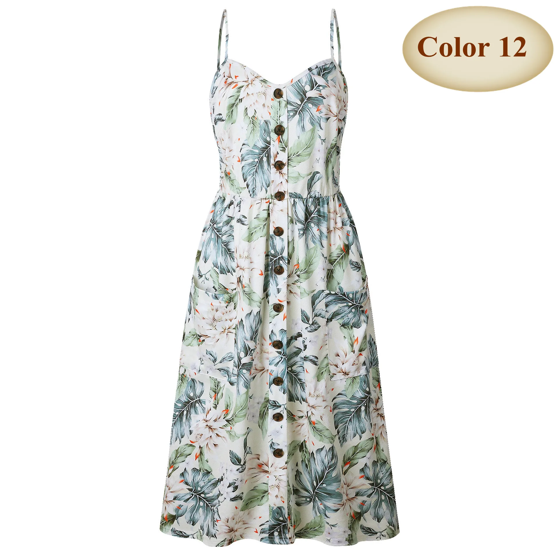 Color 12 New Boho Off-shoulder Party Beach Sundress Spaghetti Long Dresses Plus Size Summer Women Button Decorated Print Dress CRRIFLZ - Цвет: Color 12