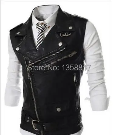 Free shipping 2014 New Hot Fashion Men's Casual Slim Big lapel Brief paragraph PU Leather Vests vest | Мужская одежда