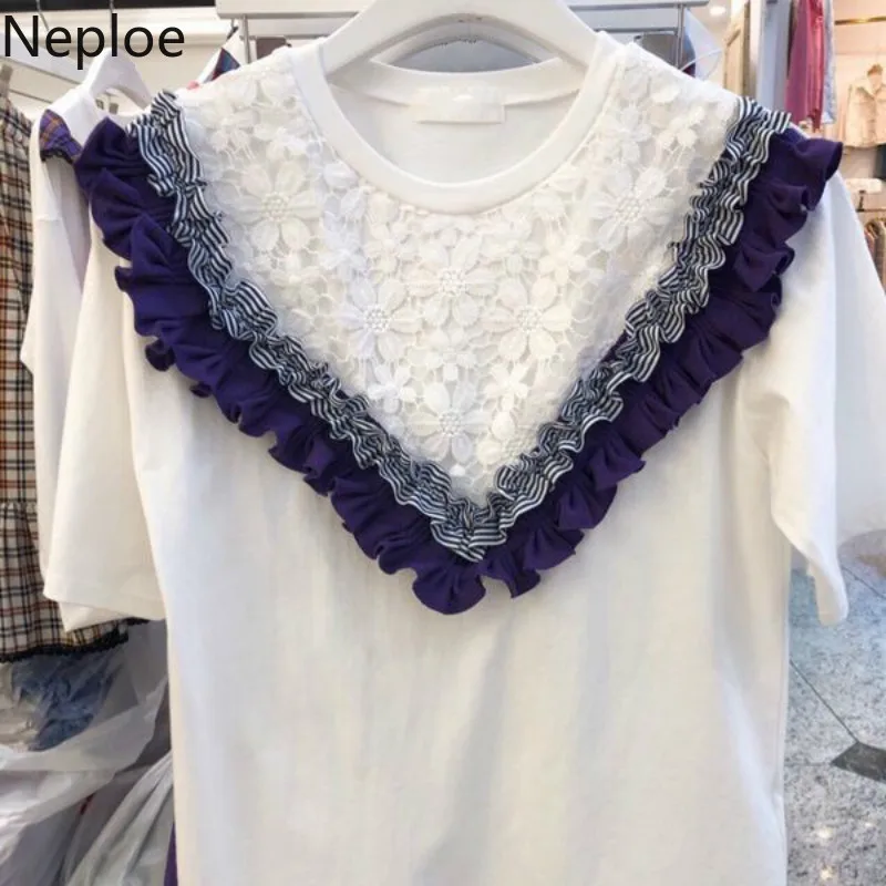 Neploe/кружевные лоскутные женские футболки с круглым вырезом и коротким рукавом