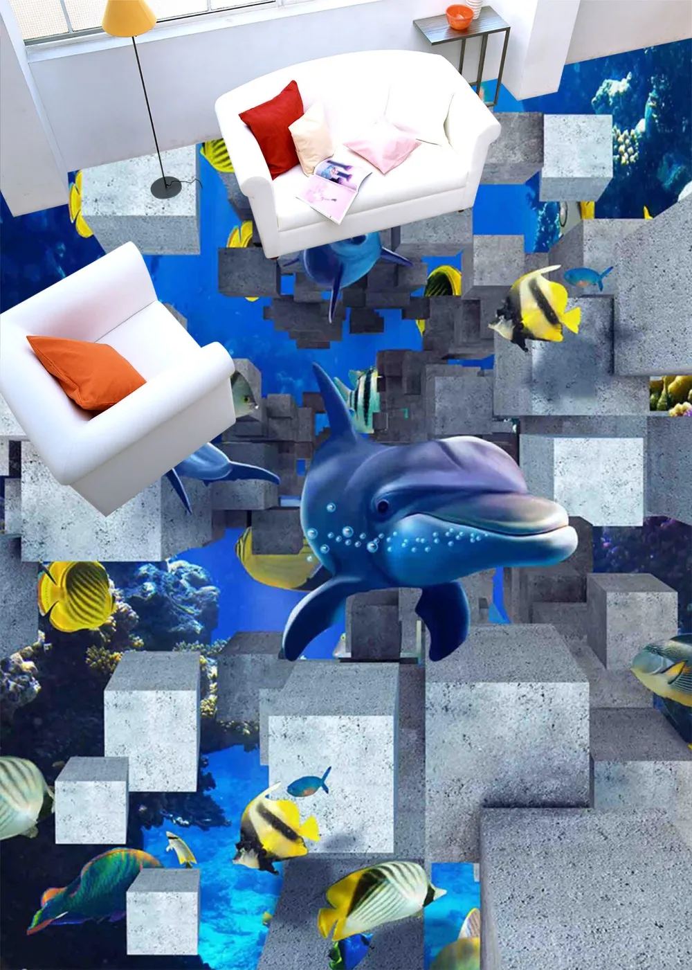 

[Self-Adhesive] 3D Cube Dolphin Fish 44 Non-slip Waterproof Photo Self-Adhesive Floor Mural Sticker WallPaper Murals Print Decal