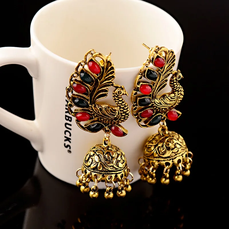 Индийские ювелирные изделия Jhumka Jhumki из золота в виде этнического павлина, серьги для женщин в винтажном стиле с черными бусинами, висячие серьги с кисточками, ювелирные изделия