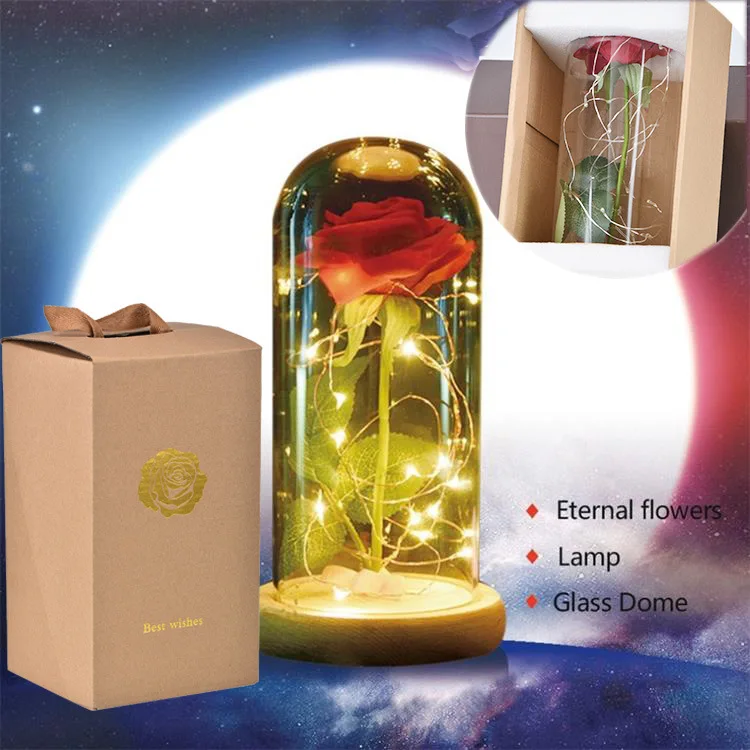 Mother Day Gift LED Beauty and the Beast Red Rose w/ Fallen Petals in a Glass Dome on Wooden Base Christmas Valentine's Gifts |