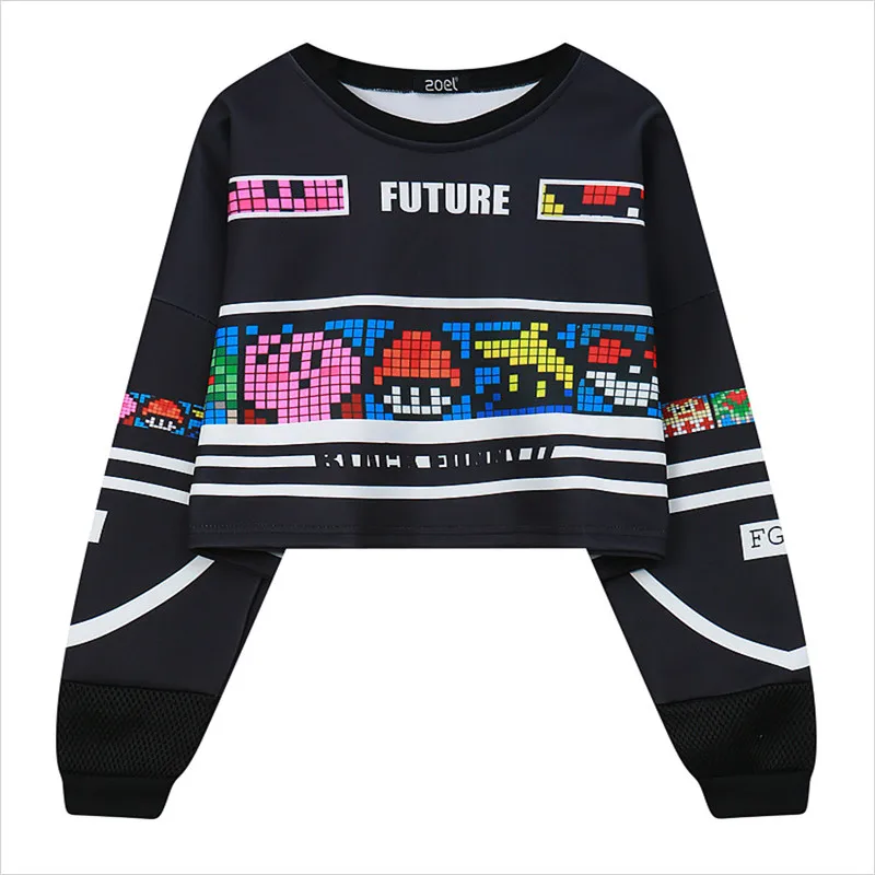 Для женщин Осень Толстовка моды Корейский игровой Box Цифровой укороченный Топы