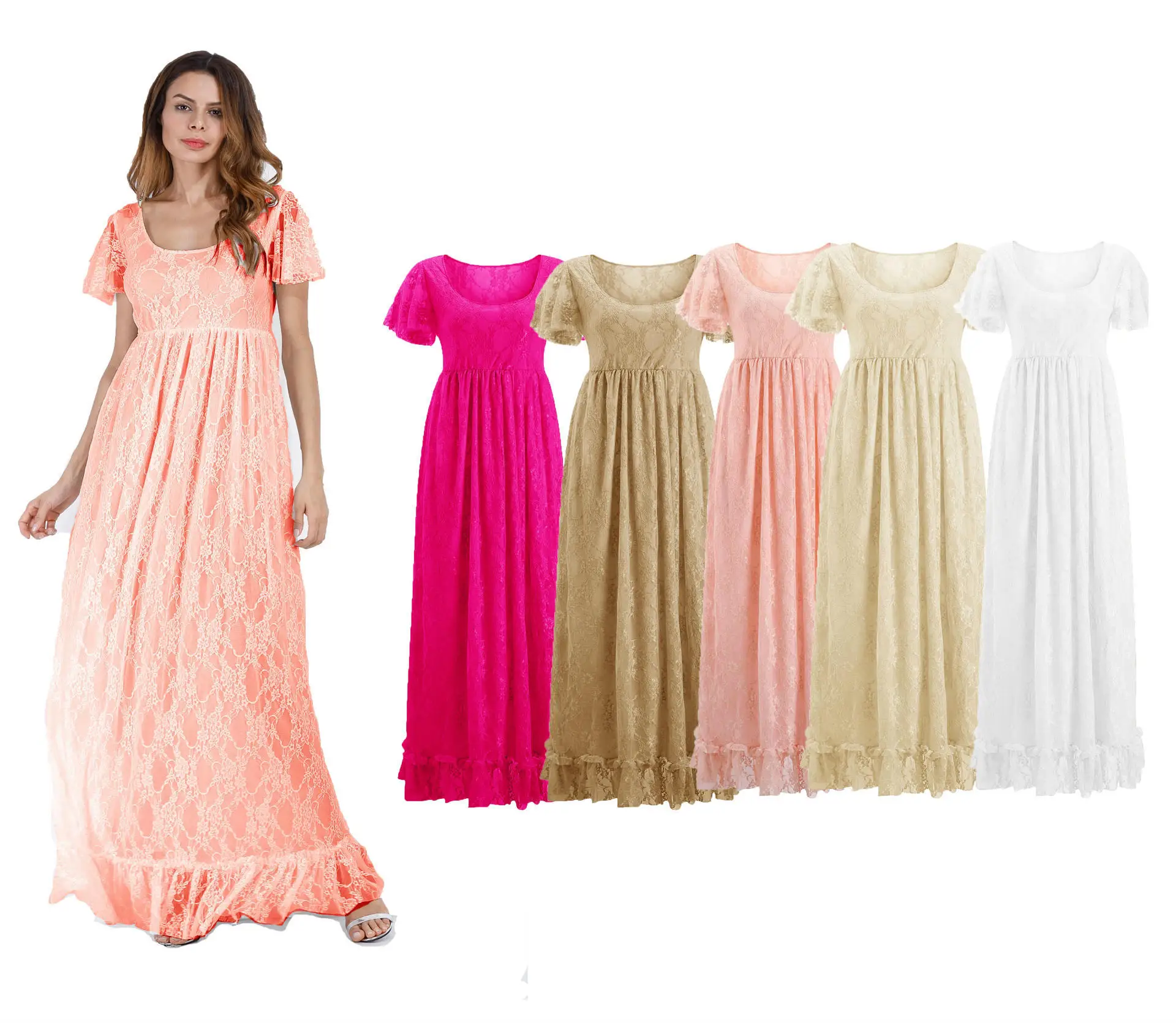 

Maternity Women Short Sleeve O-Neck Floor Length Dresses Pleated Ruffle Hem Pregnancy Lace Floral X-long Dresses