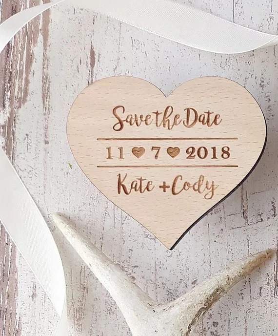 

personalize names date engraved Wooden Card save the date Wedding invitations Magnets, Heart Save The Date, Heart Magnet