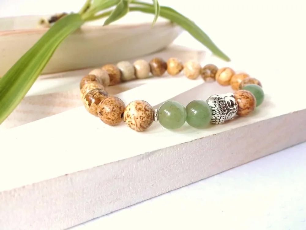 Picturejasper& green aventurine браслет Будды, натуральный камень Йога, энергия, Будда мала, браслет Мала, мужские