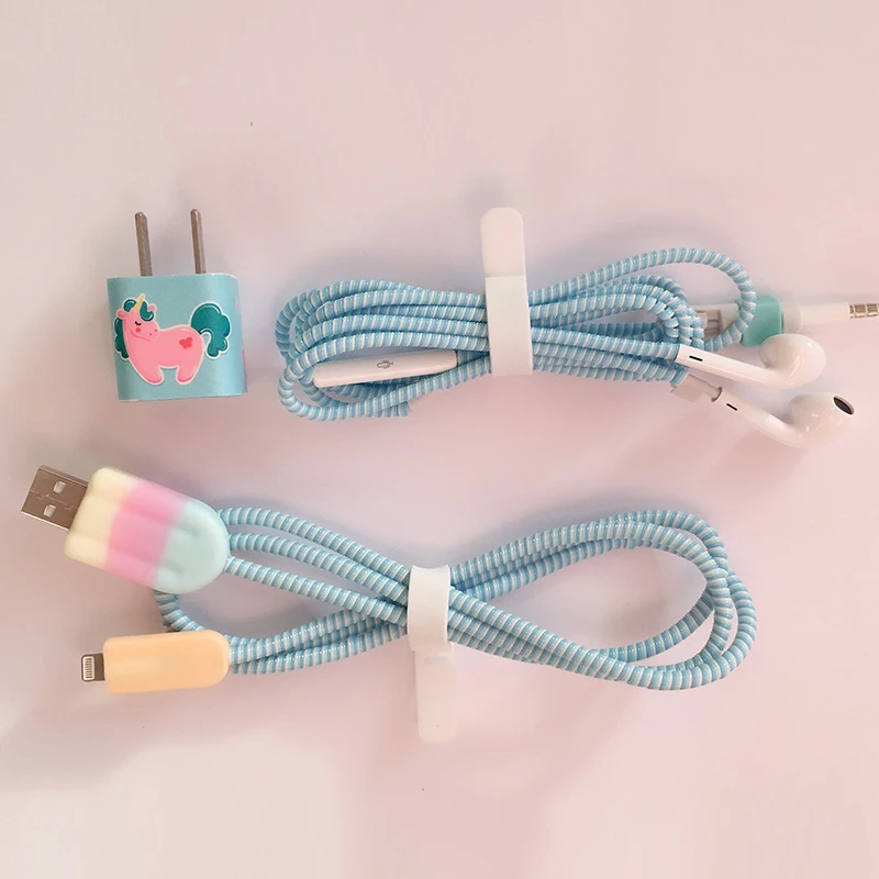 Кабель намотки мультфильм USB протектор для кабеля передачи данных набор с наклейки для зарядного устройства Спиральный шнур протектор для iphone