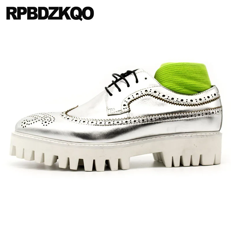 Creepers Men Oxfords Shoes Handmade Genuine Leather Casual Spring High Quality Brogue Luxury Big Size Silver Lace Up Wingtip | Обувь