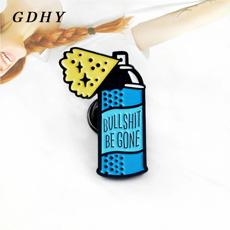 GDHY забавная синяя брошь в виде бутылки с распылителем BULL SHIT BE GONE эмалированная