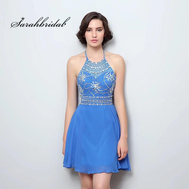 Navy Blue Молодежные сексуальные короткие коктейльные платья с открытой спиной без рукавов с блестками, вечерние платья для выпускного вечера, мини-юбка из шифона CC394 - Цвет: Navy Blue