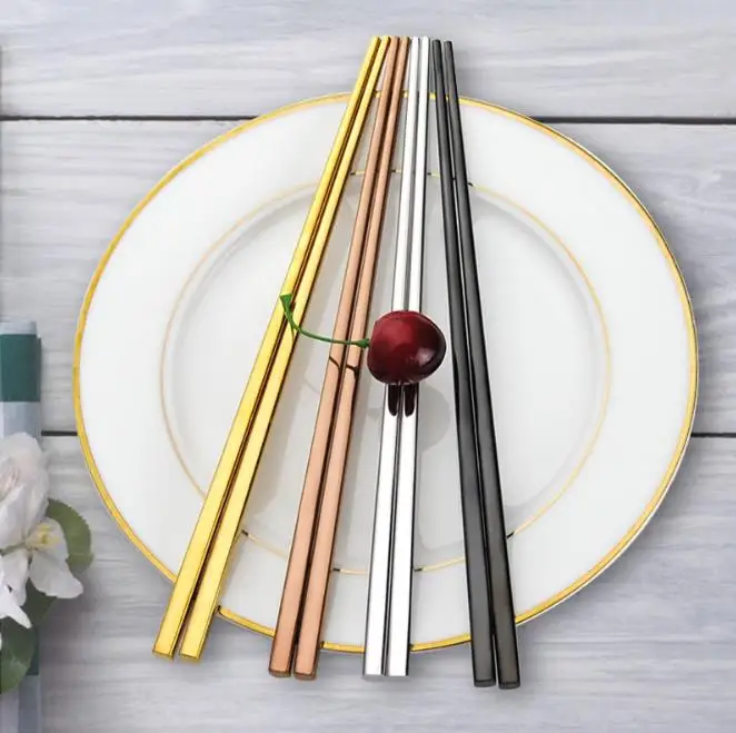 

50 pairs/lot High Grade 304 Stainless Steel Square Chopsticks China Dinnerware Gold Black Silver Color Kitchen Tableware