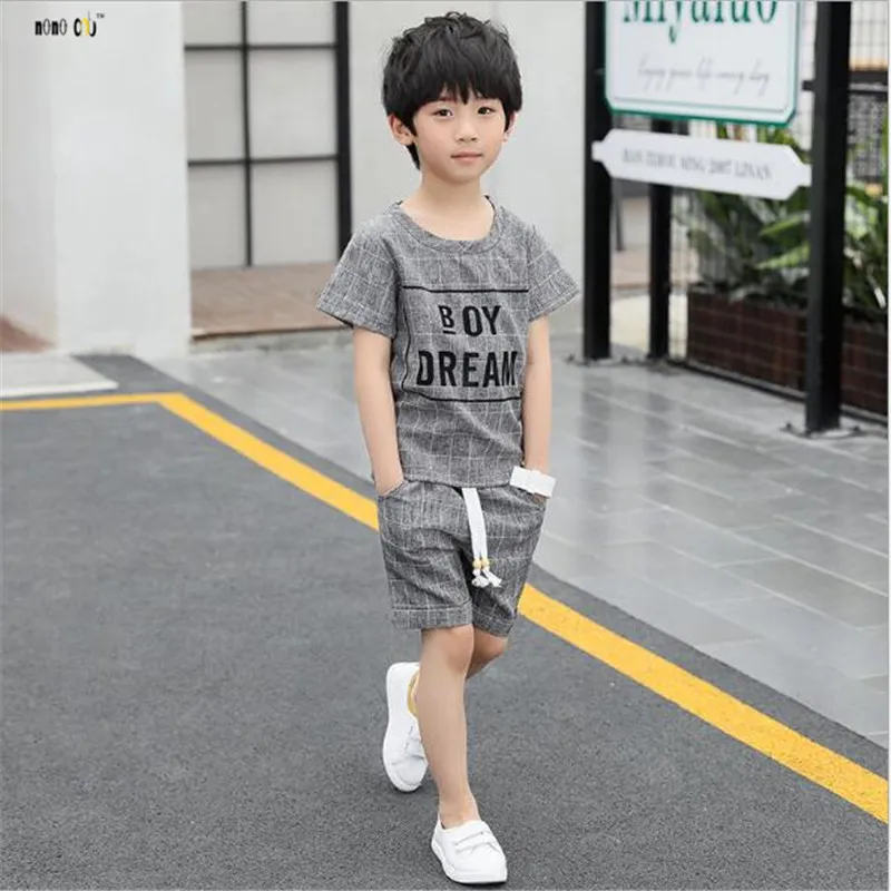 School Boy Sets Summer Tops &amp Pants Casual Letter Short Sleeve Kids Sports Suit Child Clothes 5 6 7 8 9 10 11 12 13 14 Years |