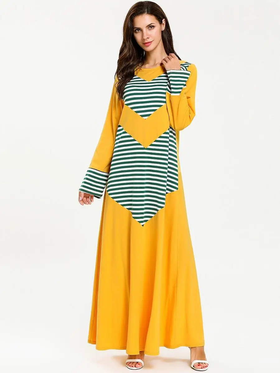 Arab Long Dress Muslim Women Maxi Party Robe Islamic Loose Abaya Kaftan Gown Stripe Patchwork Color Block Dresses New | Тематическая