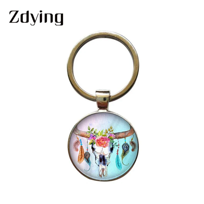 ZDYING красивый Ловец снов перья брелок круглый фото стеклянный кабошон ключ
