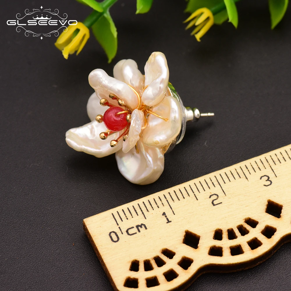 

GLSEEVO 925 Sterling Silver Fresh Water Pearl Flower Stud Earring For Women Girl Minimalist Korean Handmade Pearl Jewelry GE0677