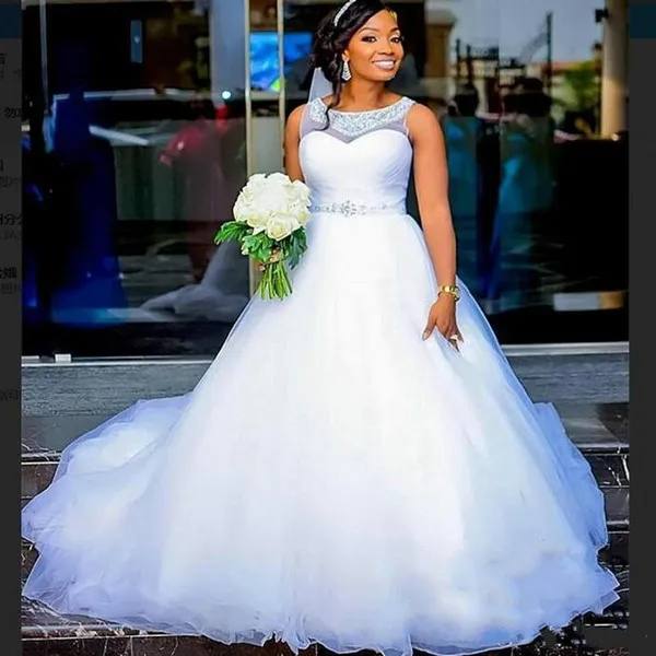 

New Arrival A-Line Sleevless Tulle Wedding Dresses Sweep Train Custom Made Bride Bridal Gown