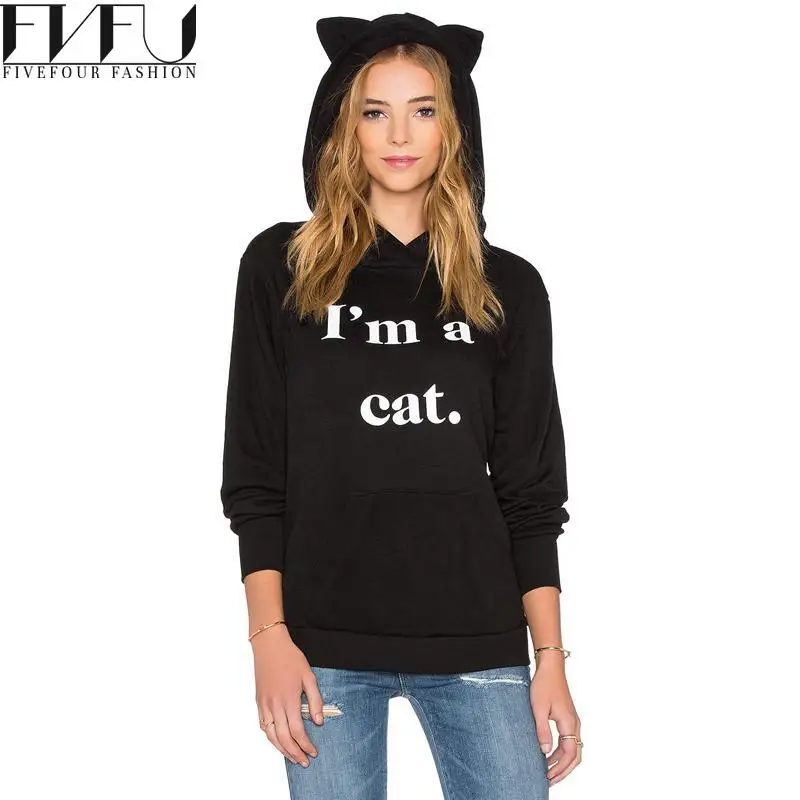 2018 модные Демисезонный толстовки женский черный Повседневное письмо печати