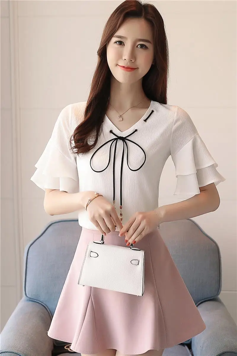 

2021 Ladies Tops White Blouse Shirts Chiffon Blouse Fashion Women Blouse and Tops Bow Harajuku Short Sleeve V-Neck Solid 3912 50