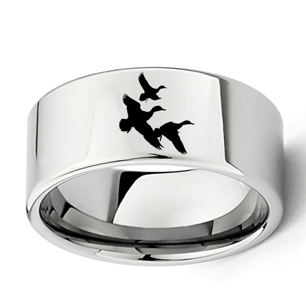 

3 Flying Ducks Landscape Engraved 11mm Wide Flat Polish Tungsten Carbide Ring Mens Outdoors Special Band Size 7 - 13