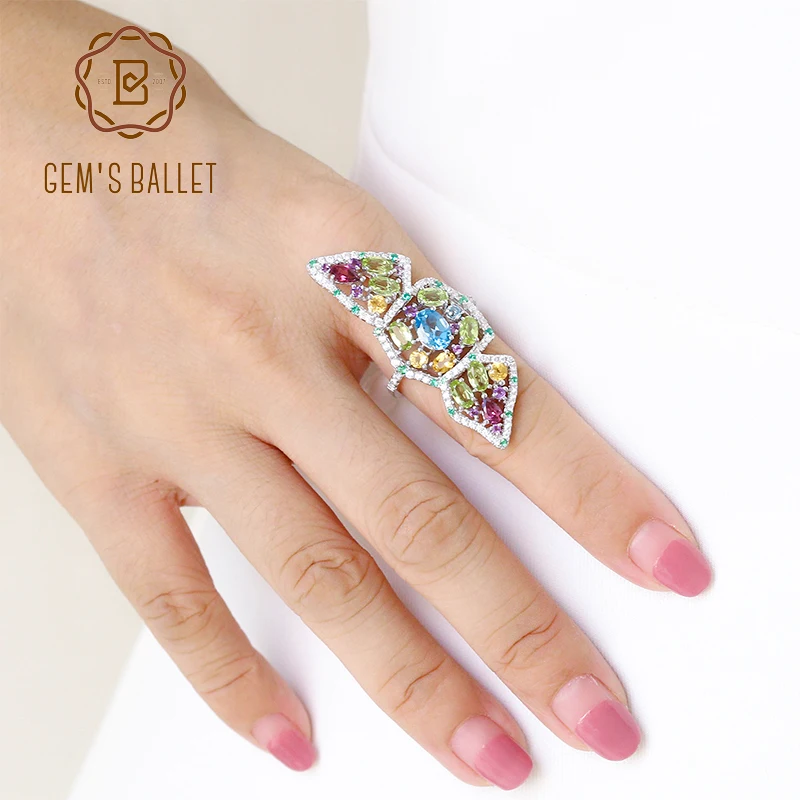 Разноцветное кольцо для балерины GEM'S с натуральным топазом женское из серебра